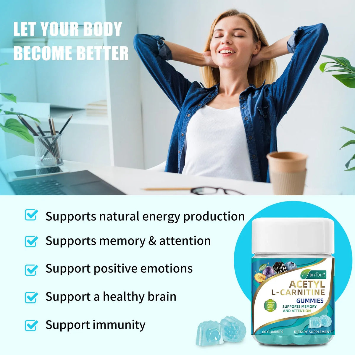Bottle of acetyl L-carnitine gummies, mixed fruit flavour, 60 gummies per bottle, brain wellness supplement