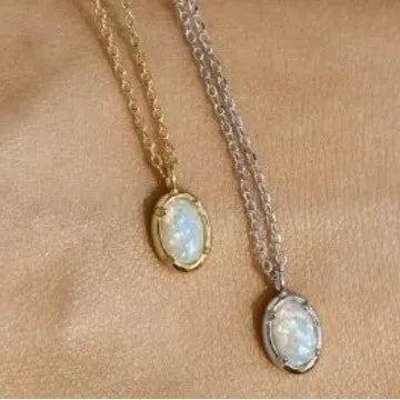 Oval geometric jelly opal pendant necklace in sterling silver with gold or white gold plating.