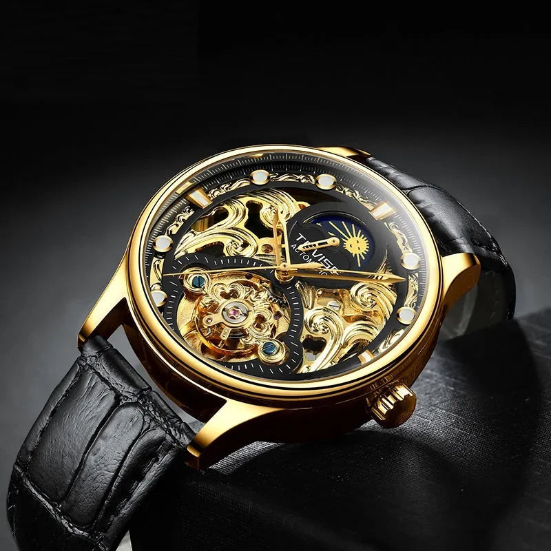 Men's waterproof automatic mechanical watch with leather strap in business style