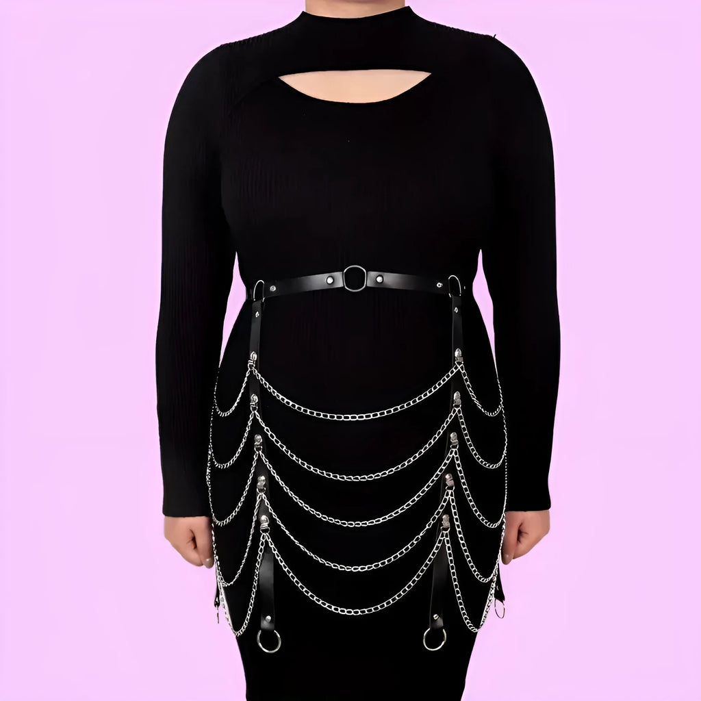 Black PU leather waist chain ornament with bandage-style binding design and adjustable chain