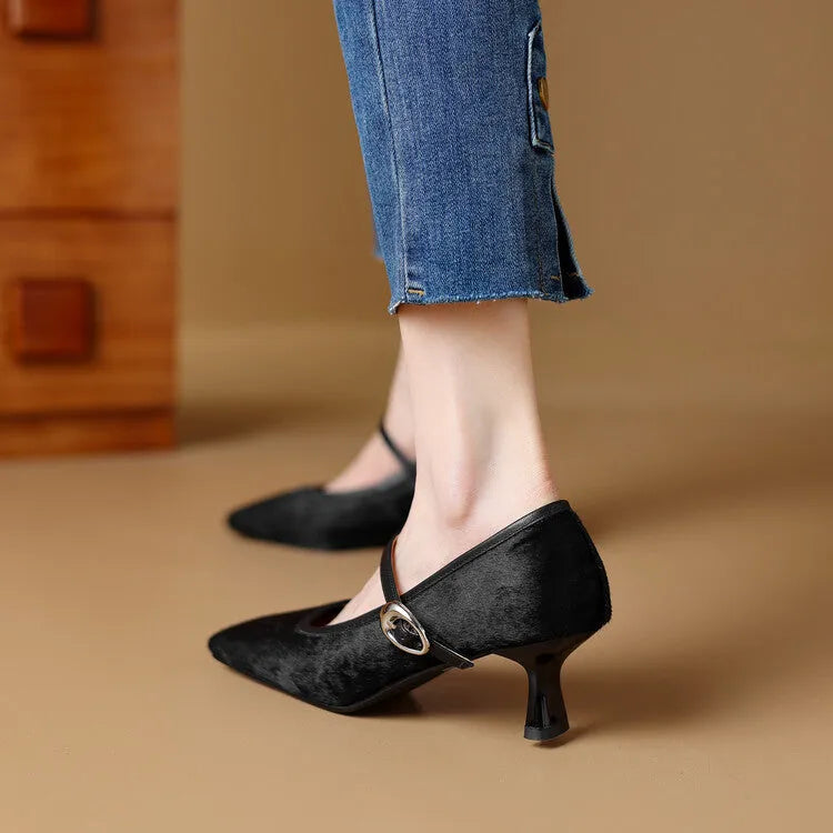 Women's black square toe stiletto ankle-strap shoes with a textured horse hair upper.