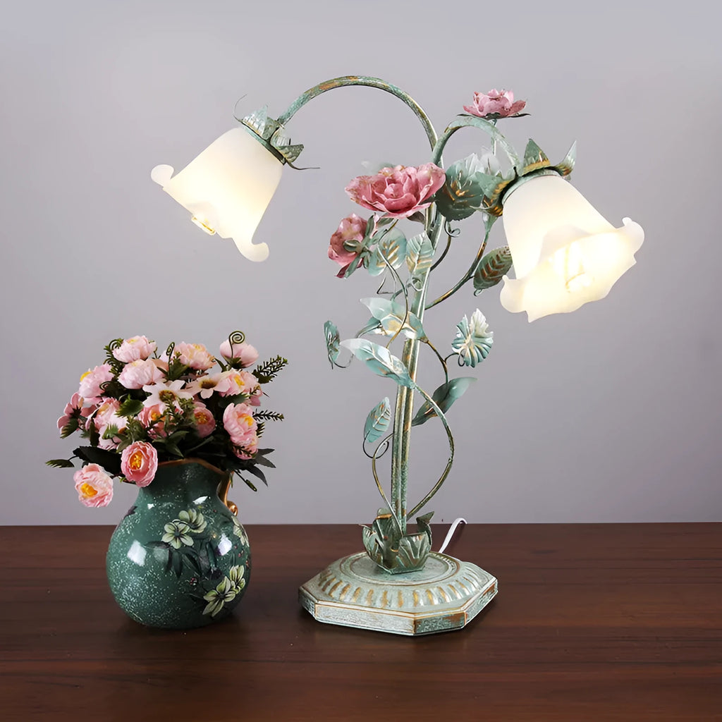 Pastoral flowers and plants bedside table lamp in single or double-headed style with warm light
