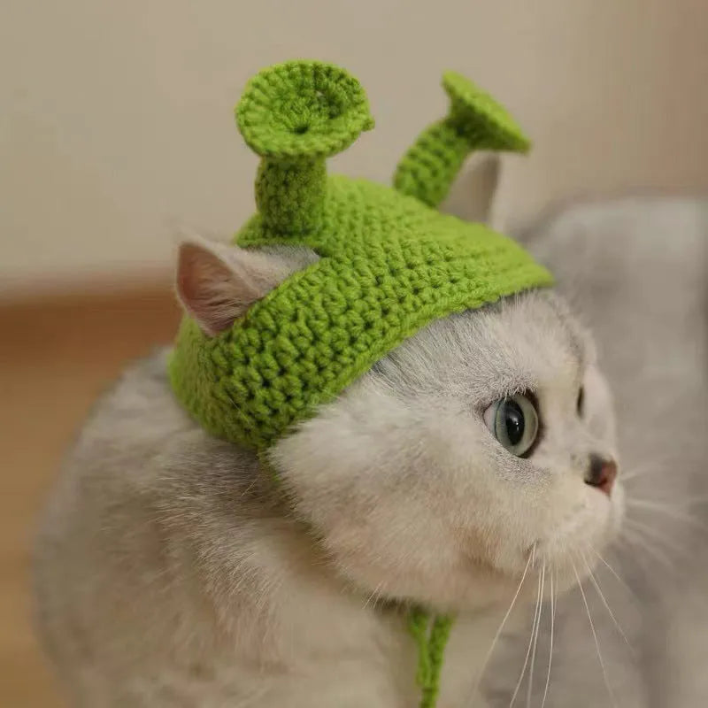 Handmade knitted green acrylic hat for small cat or dog, average size, casual style