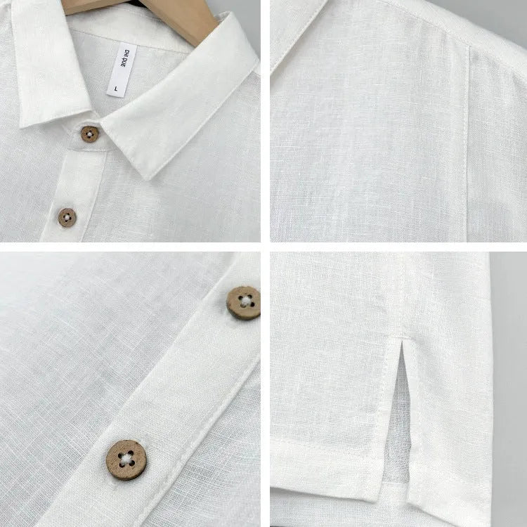 Men's loose fit linen summer top with thin lapel collar and short sleeves.