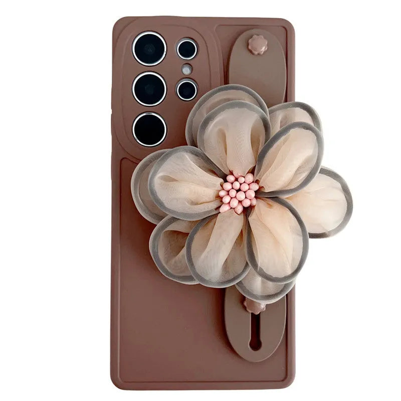 Silicone wrist strap bracket phone case for Samsung in frosted finish, brown colour