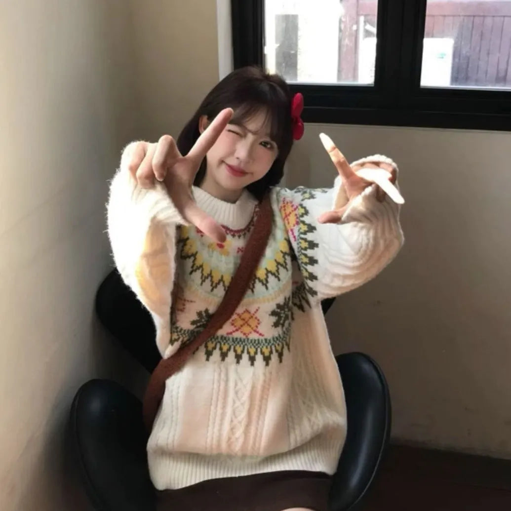Women's milky white lantern sleeve pullover knitwear with oversized mori style