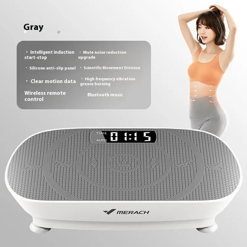 Grey or pink portable smart power plate vibrating exercise platform showing dimensions and US plug