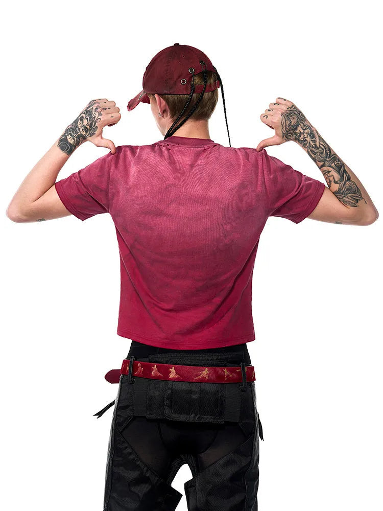 Men's slim-fit distressed red short sleeve T-shirt with round neck collar.