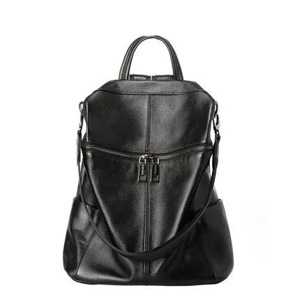 Genuine leather women's retro backpack showing multiple compartments and European-American styling