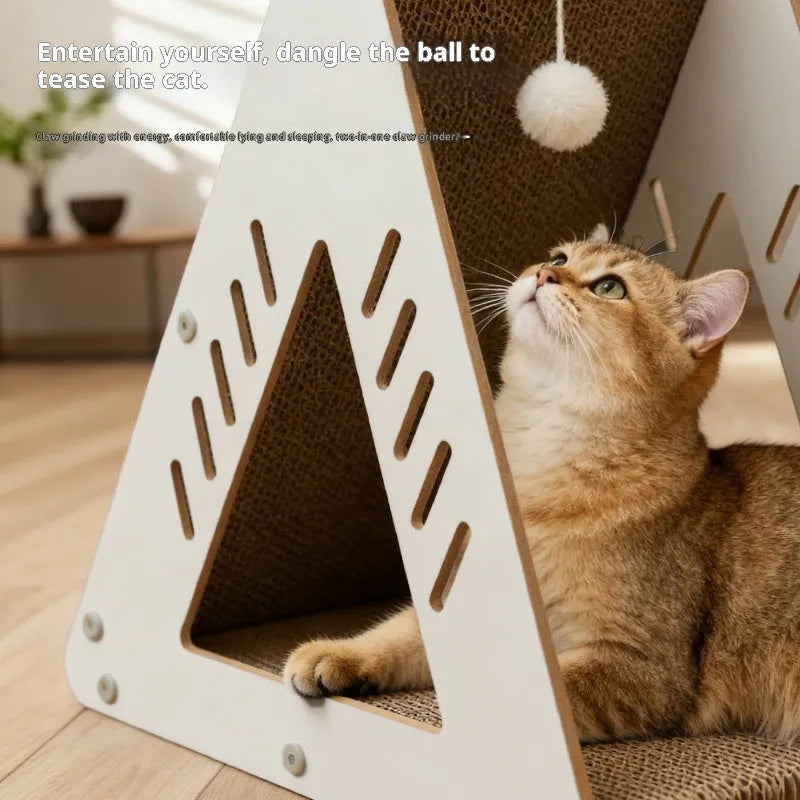 Triangular corrugated cardboard cat scratching board with MDF frame, nest and climbing function, plus replacement core.