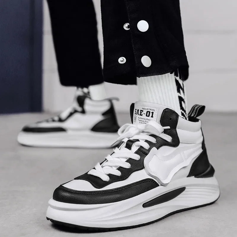 Men's black and white platform high-top board shoes with round toe and artificial PU uppers