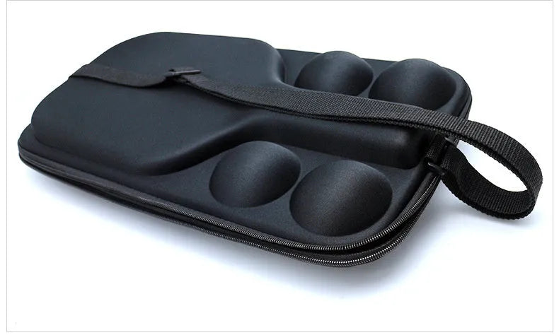 Black EVA pickleball storage bag with shoulder straps for one paddle and four balls.