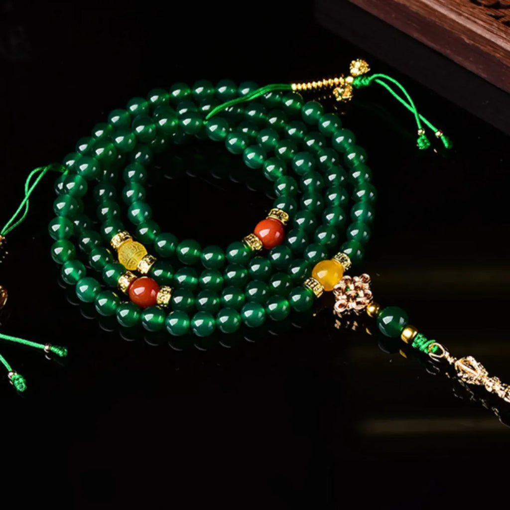 Brazilian natural green agate multi-circle bracelet for men and women on a wrist.