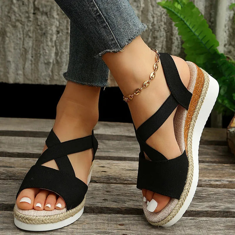 Women's cross-strap wedge platform sandals with hemp heel in beige with cloth upper and rubber sole