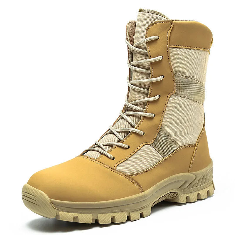 Men's black and camouflage mesh high-top combat boots showing totem detailing and sports styling