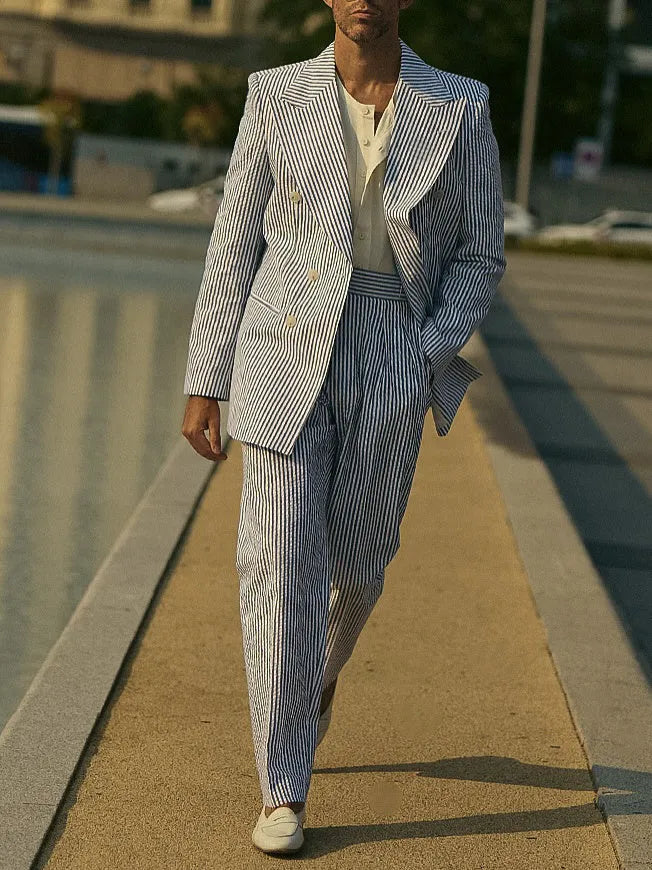 Blue and white striped polyester suit set with blazer and regular fit trousers