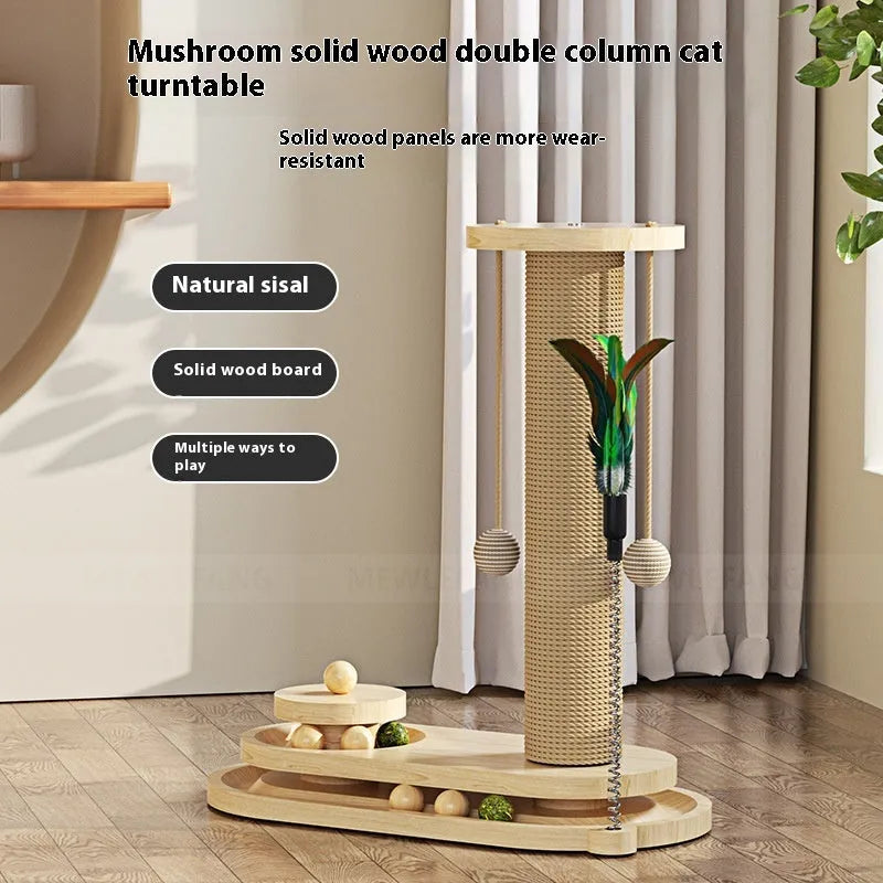Solid wood cat scratching post with rotating turntable toy in basic style big flower pattern