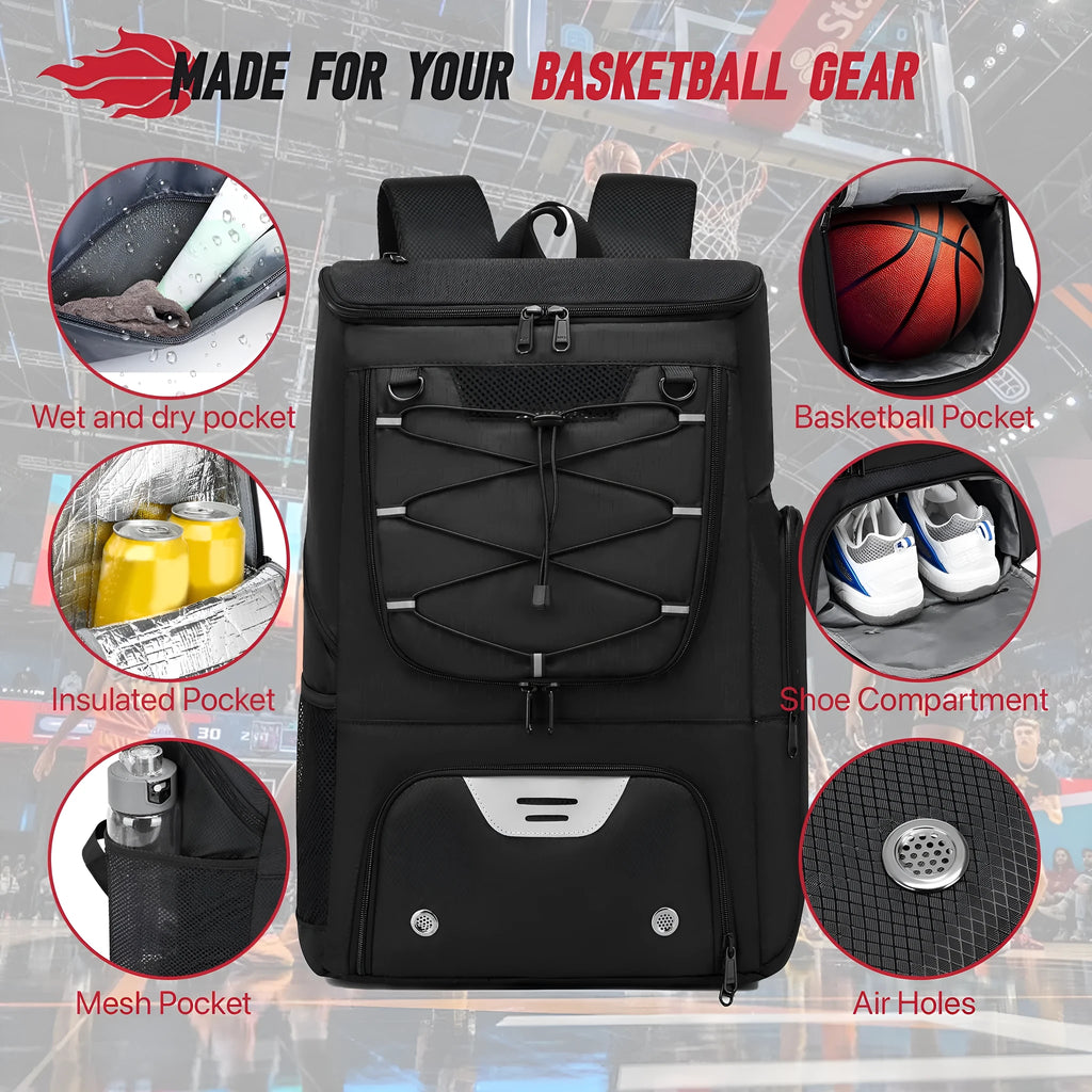 Black Oxford cloth basketball training backpack with large 51cm capacity for sports equipment