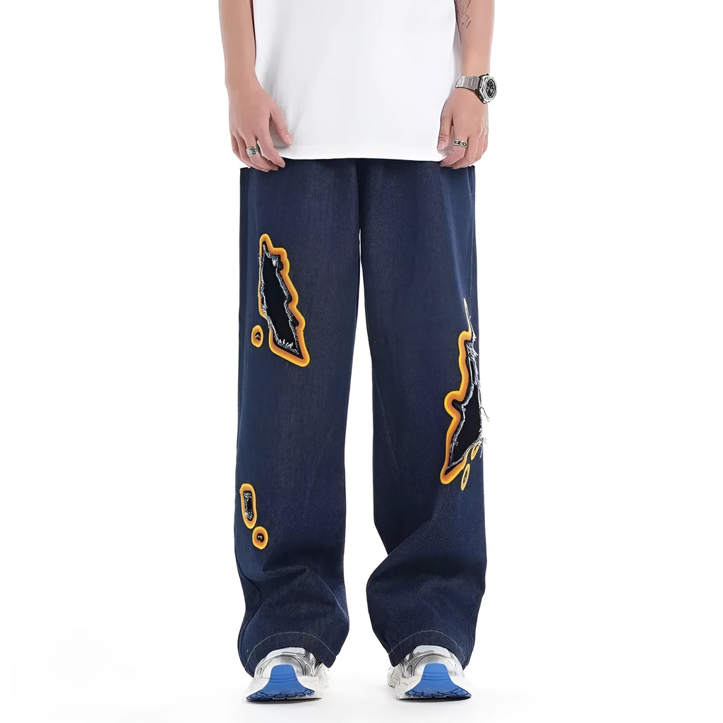 Retro washed ripped embroidery loose straight-leg trousers in white with zipper fly