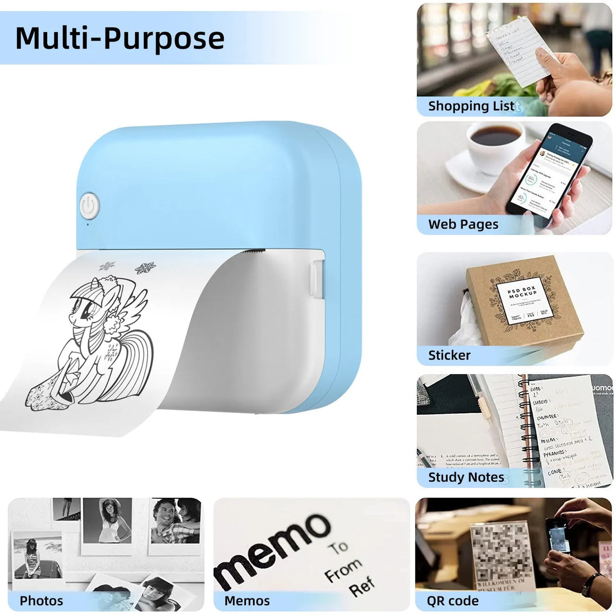 Student mini thermal label printer in blue, 12x9x4.6cm, USB interface, thermal printing paper