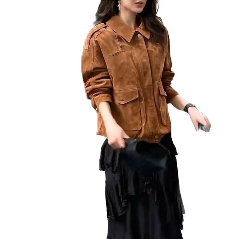 Women's brown street chic suede-look coat with regular sleeves