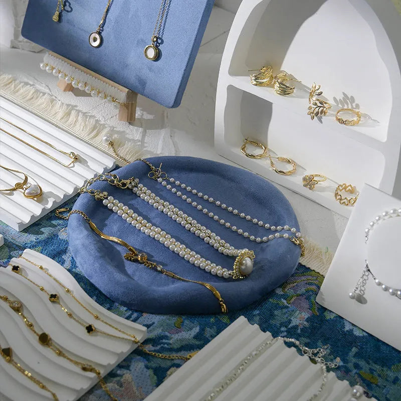 Handmade gypsum jewellery display tray for necklaces and bracelets, all-in-one counter stand in a choice of eleven colours