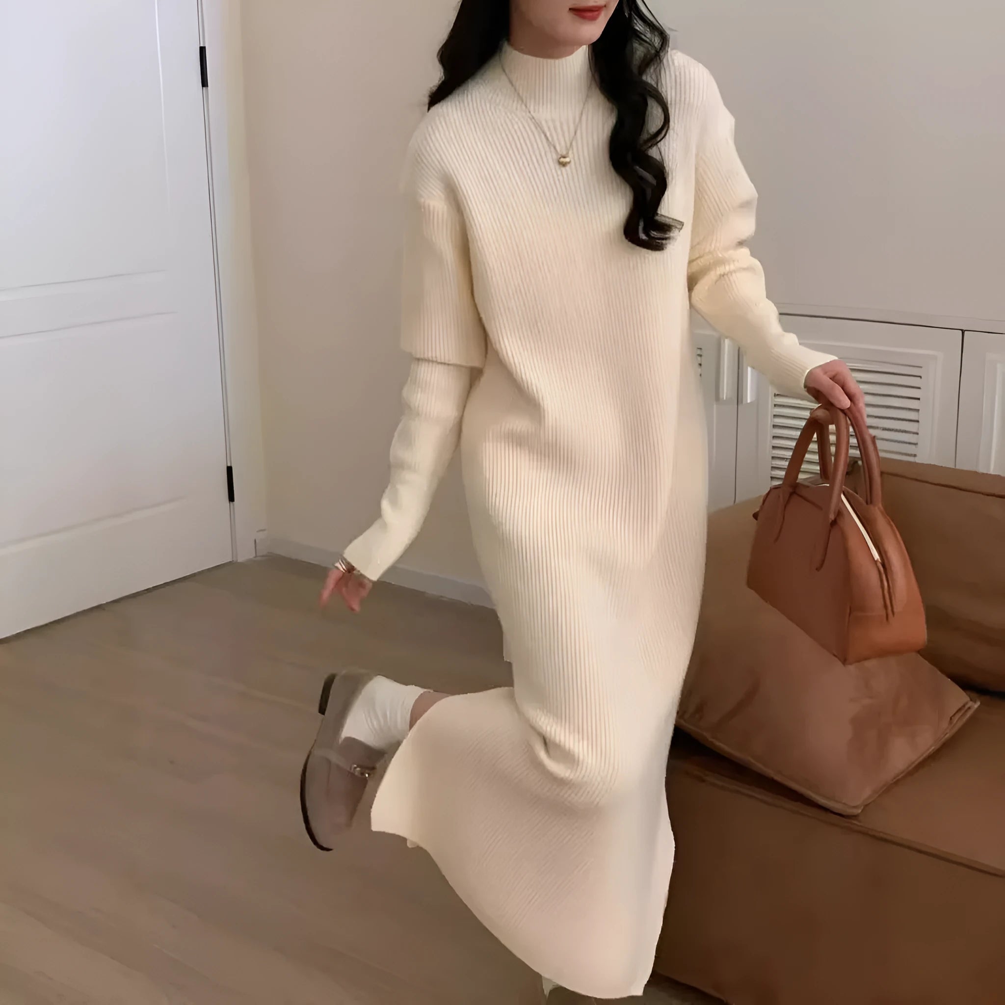 Acrylic half turtleneck knit dress in knee-length high-waist silhouette for work