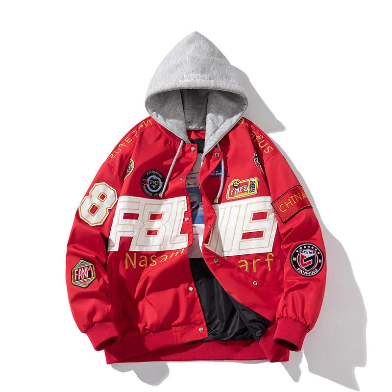Loose-fitting black American motorcycle baseball jacket with detachable hood on a hanger