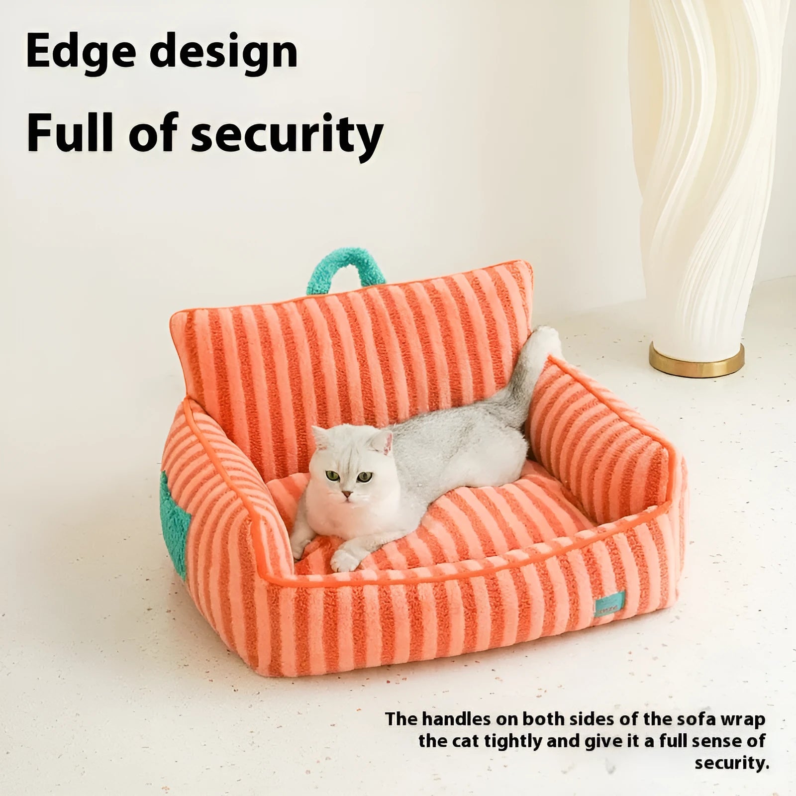 Striped soft velvet pet bed for dogs in yellow, orange or purple colours with removable cover