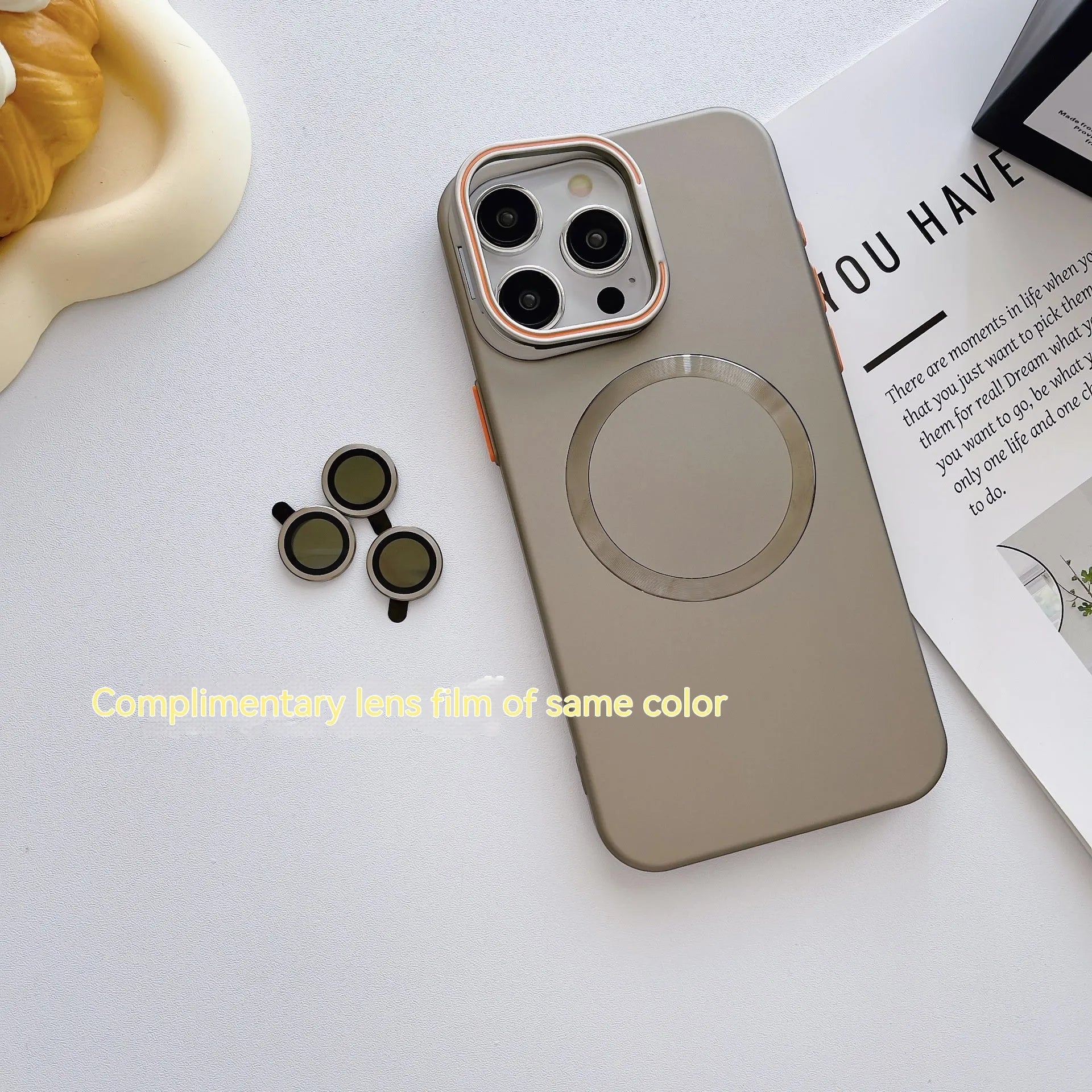 Frosted magnetic phone case with lens protector for iPhone 14 or 15 in Black, Gold, Navy, Pink