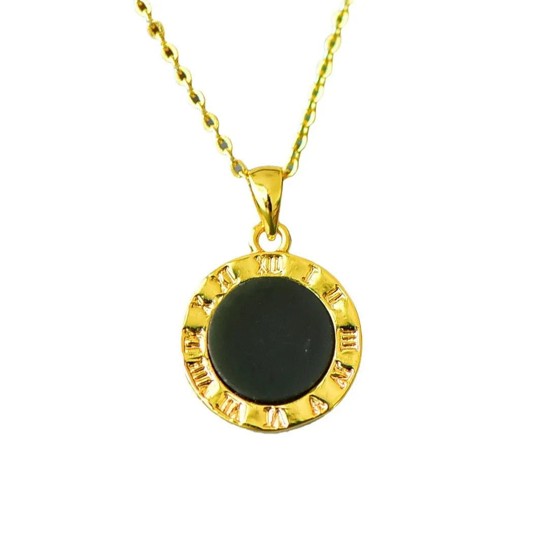 Flat natural Hetian grey jade pendant with copper inlay and ink blue jade accents on a necklace chain.
