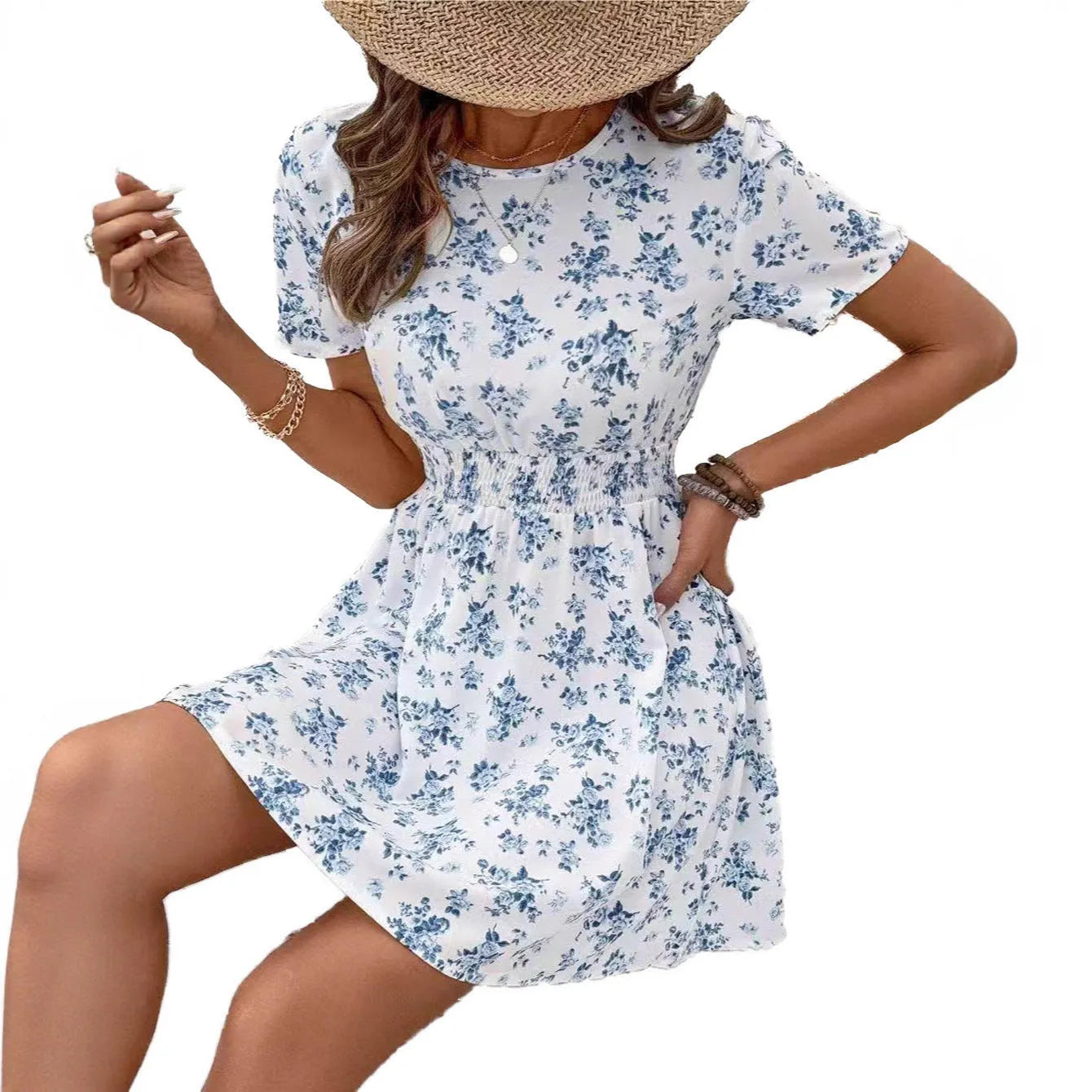 Light blue women's A-line dress with high waist and regular sleeves