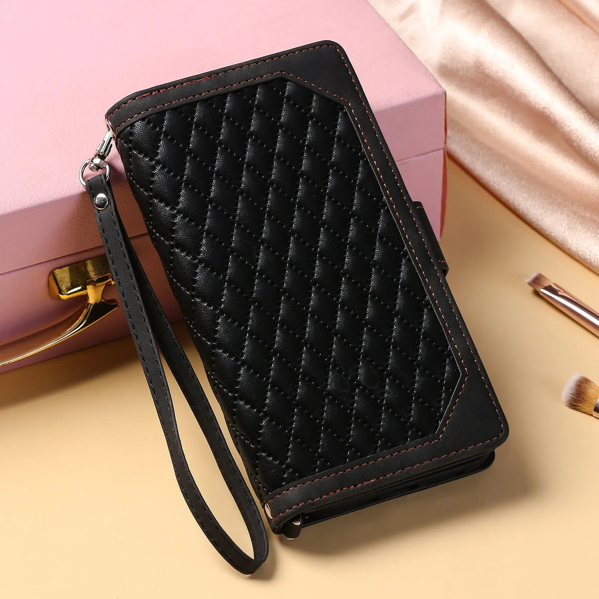Crossbody plaid zipper phone case for Samsung S23 Ultra with card slots and shoulder strap