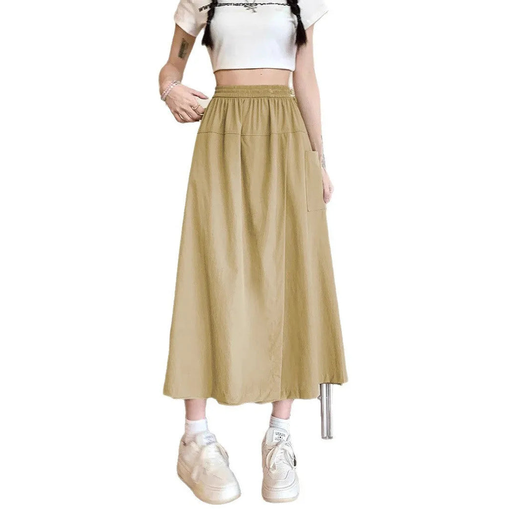 Camel-colour women's wide-leg cropped skirt with elastic waist and quilting details