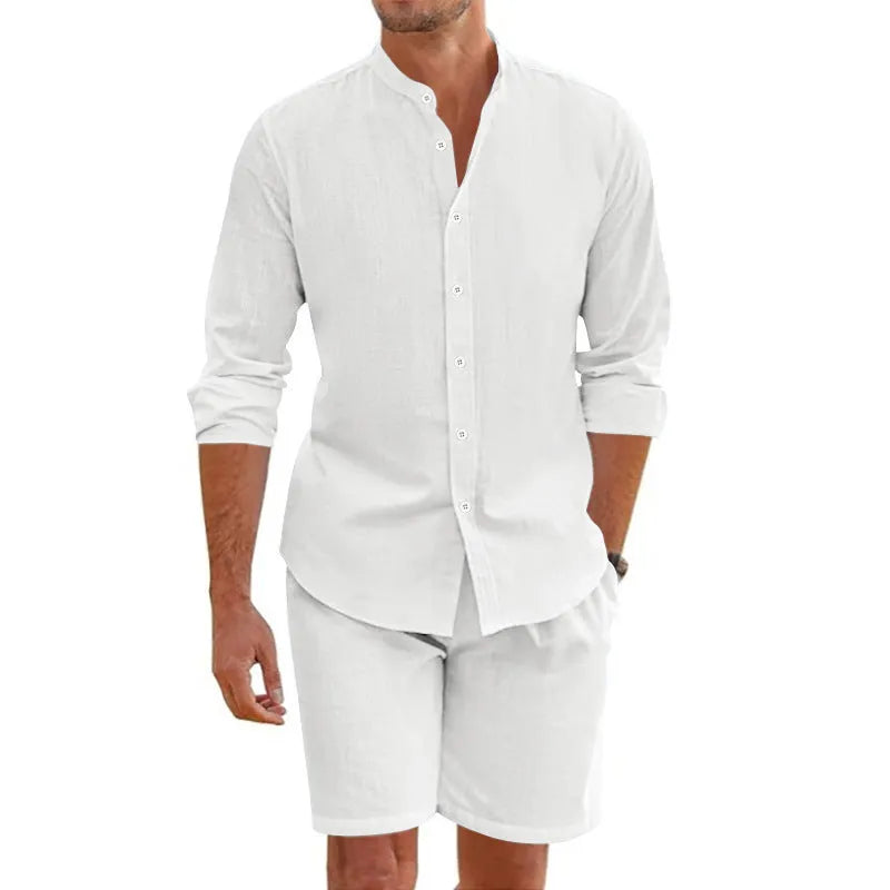 Men's hemp linen beach shirt suit set with button down top and drawstring shorts in five colour options