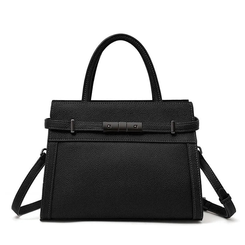 Genuine leather clamshell crossbody handbag for women with multiple internal compartments in five colour options.