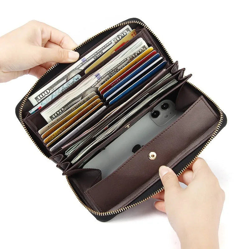 Genuine leather long women's wallet in solid colour with anti-theft card function