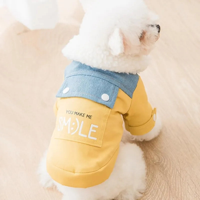 Yellow denim patchwork puppy coat with Sherpa fleece lining, waterproof and windproof, for small and medium dogs