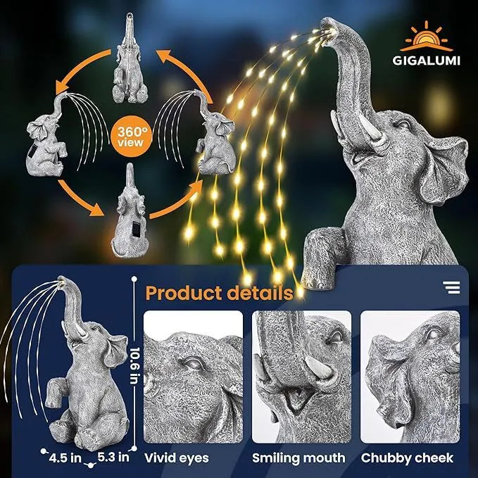 Resin elephant outdoor sculpture with integrated LED lighting for garden decoration