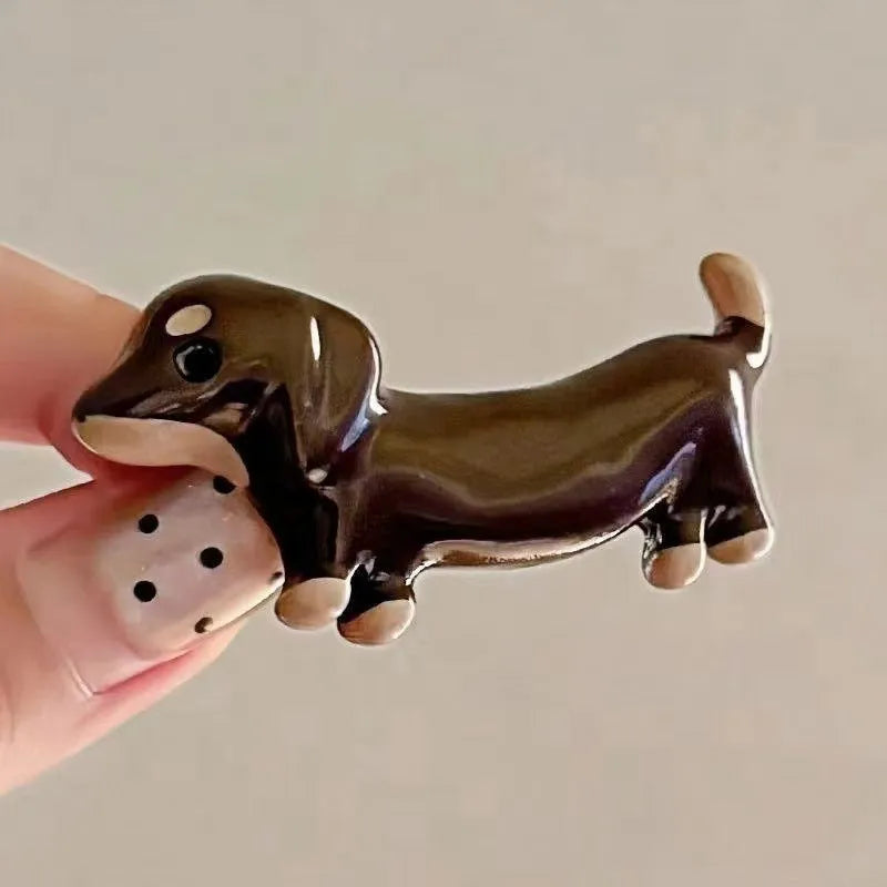 Dachshund dog design hair barrettes with electroplated finish, available as single clip or pair
