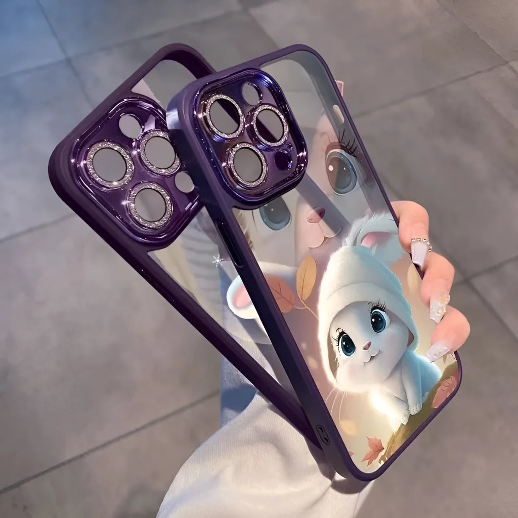 Transparent TPU glitter lens phone case for iPhone with fall protection, deep purple decorative rabbit pattern.