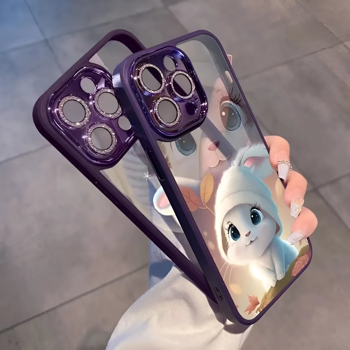 Transparent TPU glitter lens phone case for iPhone with fall protection, deep purple decorative rabbit pattern.
