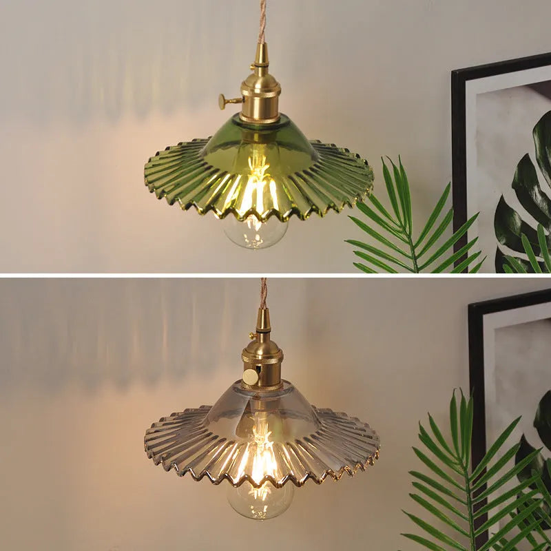 Retro brass lotus wall lamp with copper construction and glass shade in six colour options