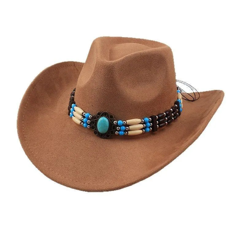Western cowboy wide brim faux fur top hat in black with dome crown and average size 58cm for sun protection