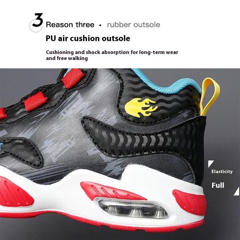Children's rotating button basketball shoes in various colours with a synthetic leather upper and PU sole.