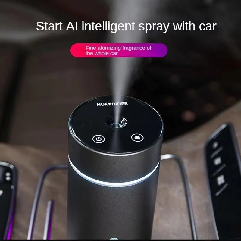 Black aluminium car humidifier with USB cable, 260ml capacity, and colourful night light