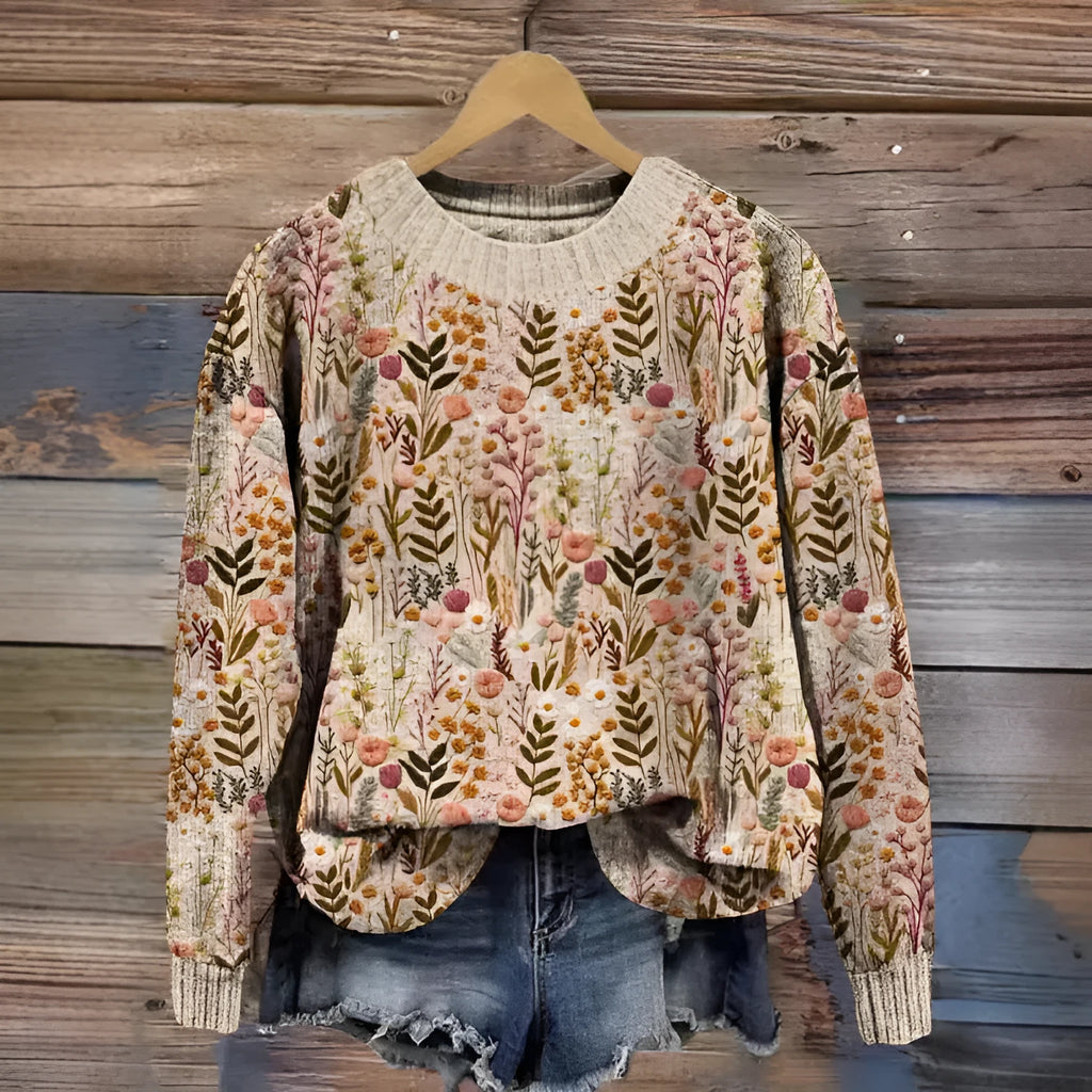 Little flower digital printed round neck polyester sweater in extended sizes S to 4XL