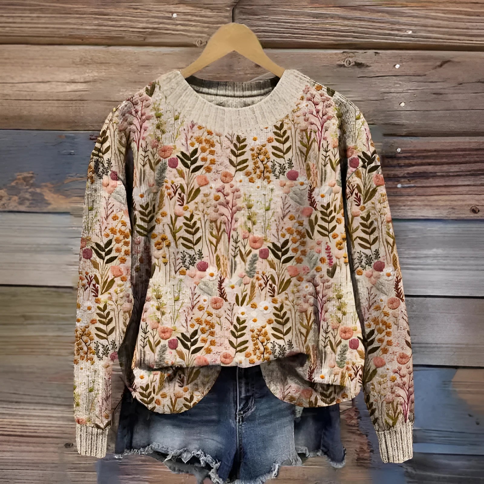 Little flower digital printed round neck polyester sweater in extended sizes S to 4XL