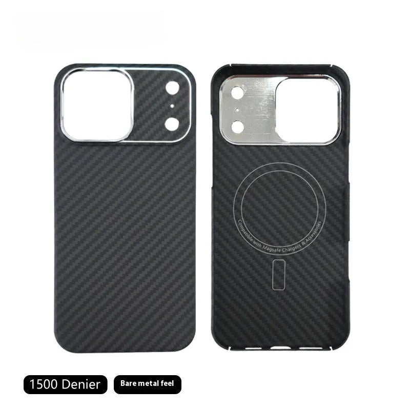 Black aramid fiber magnetic phone case for iPhone 17 Pro Max with lattice pattern and 6D micro relief texture