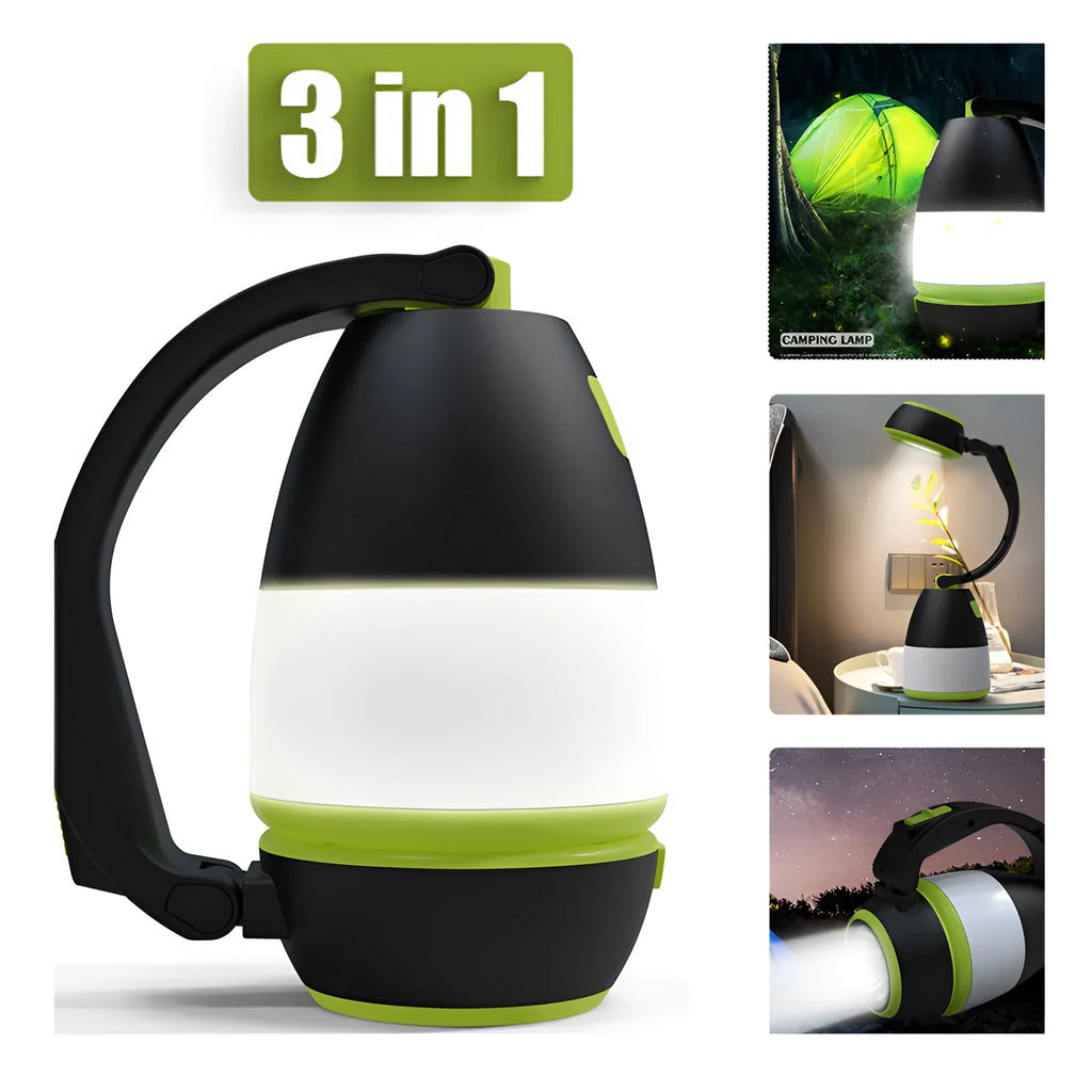Black green multifunctional LED table lamp showing adjustable head and USB charging port
